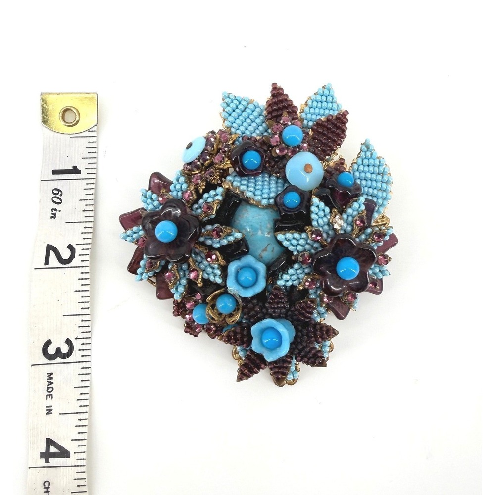 Stanley Hagler NYC Vintage Beaded Floral Brooch Turquoise Purple Gold Filigree - Picture 3 of 6